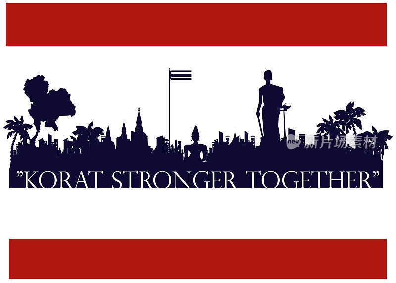 泰国旅游地标——“Korat Stronger Together”文本——旗帜现代的理念和概念。
